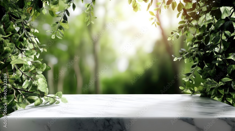 Poster a serene natural backdrop featuring lush greenery framing a marble surface, creating a peaceful sett