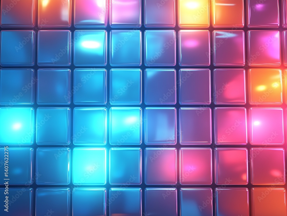 Poster Dynamic Vibrant Colorful Tile Pattern with Shiny Surfaces and Bright Lights : Generative AI