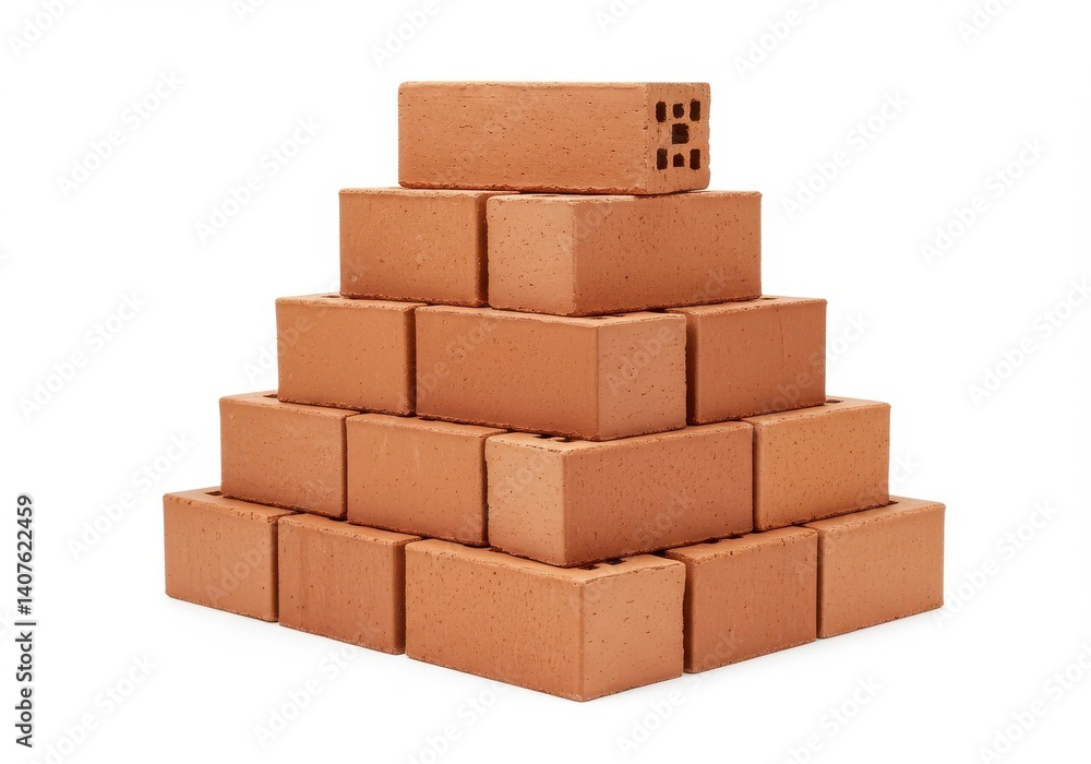 Poster a pyramid stack of red bricks with holes on a white background in a studio setting