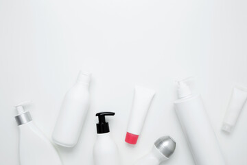 Cosmetic beauty products. Bottles and tubes with branding mock up. Skin care and beauty concept