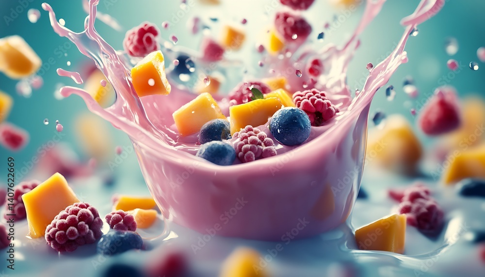 Poster Vibrant explosion of fruit elements in a thick smoothie creating a captivating visual splash effect : Generative AI