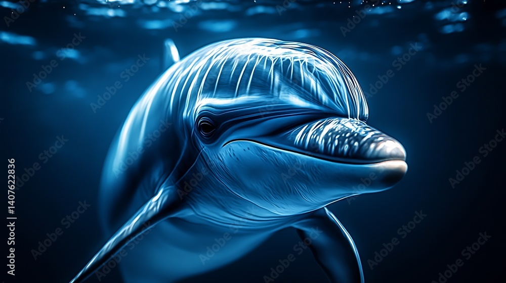 Poster Close-up portrait of a dolphin displaying intelligence and curiosity while swimming underwater : Generative AI