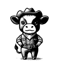 Adorable cow in cowboy outfit looking happy, wearing hat and bandana, tiny cute