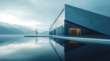 Modern architecture serene lake mountains reflection solitude