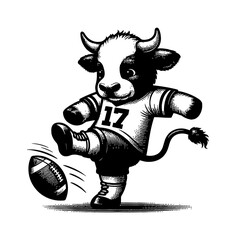 Tiny cute cow kicking a ball happily wearing football jersey illustration