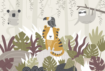 Vector illustration cute tiger, sloth, koala, toucan, tropical leaves, jungle. Tropical wallpaper for children's room. Kids room design, wall decor. Mural. Wall art. African. Safari. © ZHUKO