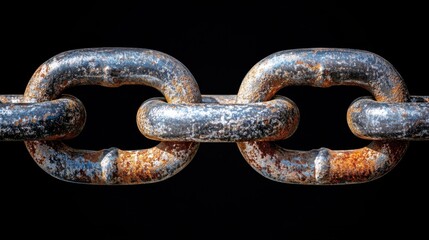 Fototapeta premium Rusty steel chain links on a black background symbolizing strength and resilience in industrial design and aesthetics