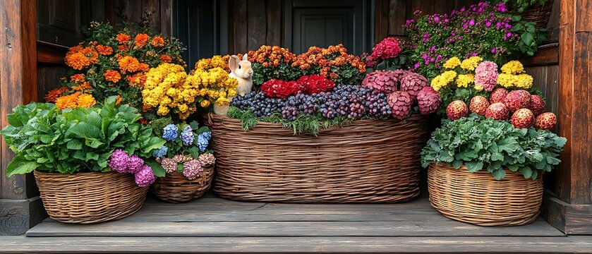 Colorful Flower Baskets Porch Display