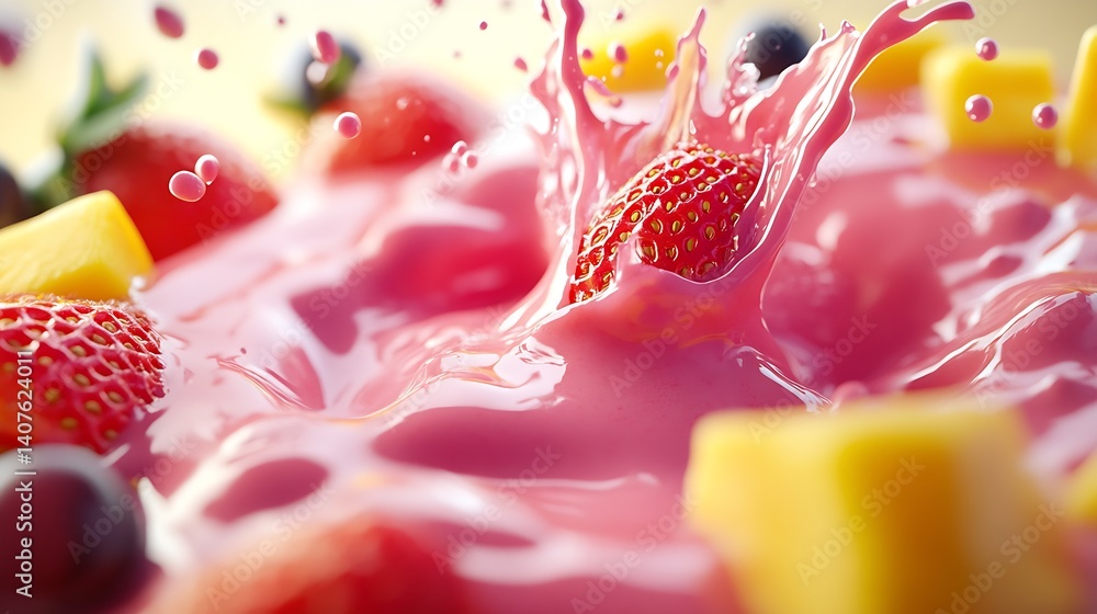Poster vibrant splash of pink smoothie with fresh strawberries and tropical fruits captured in dynamic moti