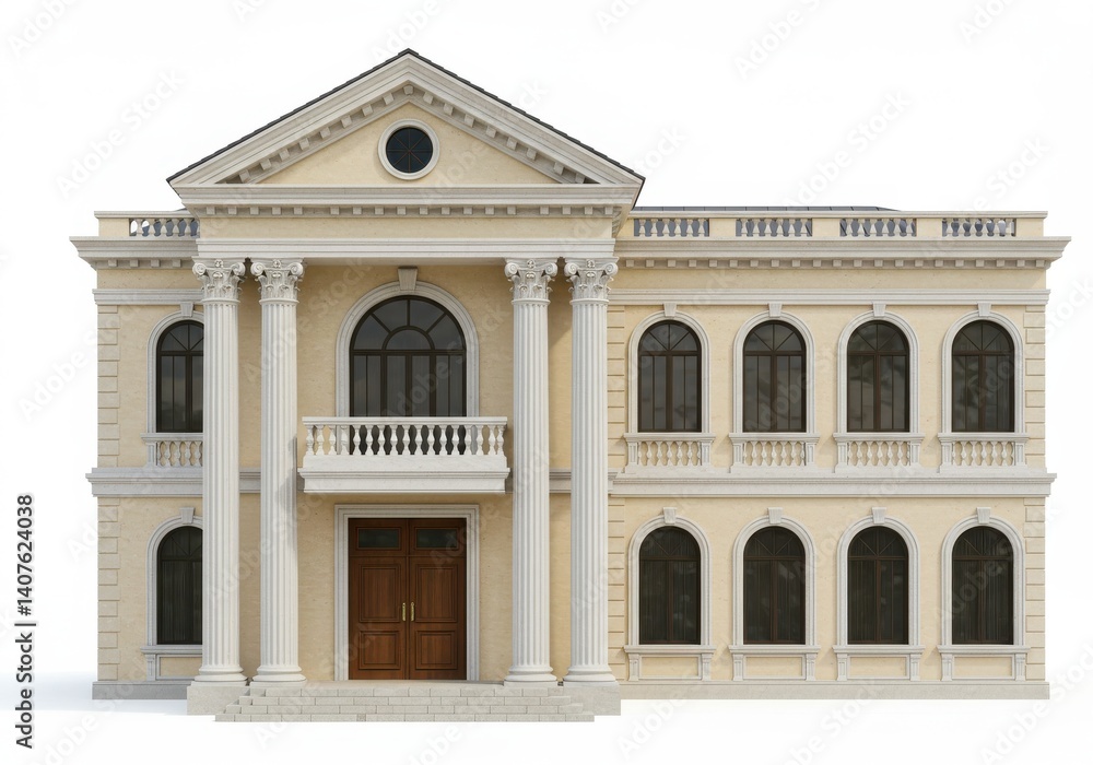 Aufkleber exterior view of a two story building with columns and arched windows on a white background plain sc
