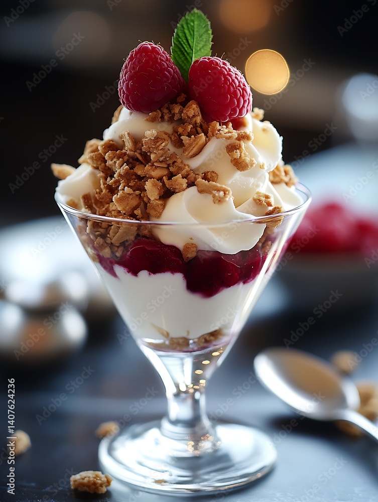 Poster Scrumptious Raspberry Cream Parfait with Crunchy Granola and a Mint Leaf Garnish : Generative AI