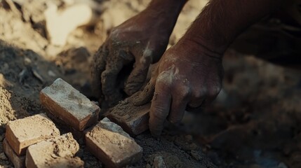 Construction worker laying bricks for a wall. Featuring craftsmanship and focus