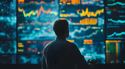 Person discussing investment strategies in front of a large screen showing stock market statistics and graphs, with copy space