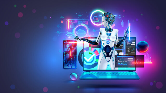 Ai bot programmer with laptop with code programs on screen. Artificial intelligence coder. Robot programmer. AI Software development technology. Ai chat bot create program code, programming on laptop.