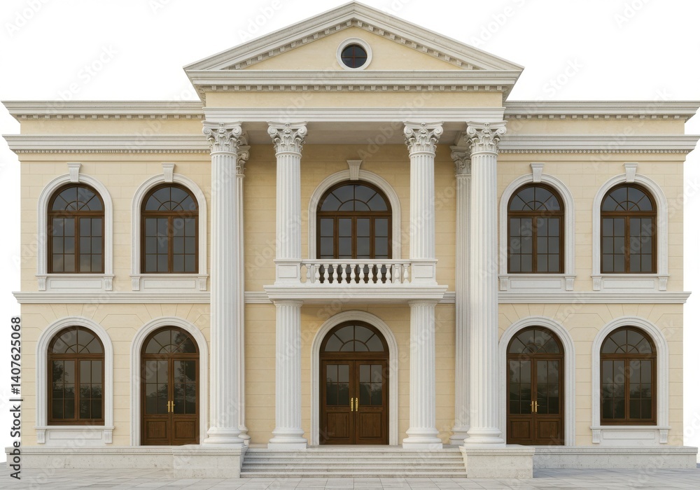 Poster a frontal view of a two story building with columns and arched windows on a white background