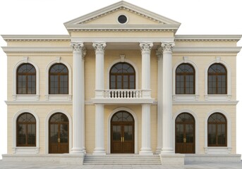 Fototapeta premium A frontal view of a two story building with columns and arched windows on a white background