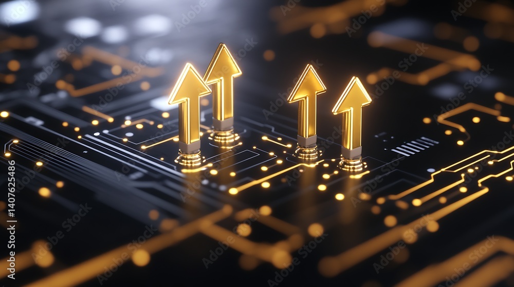 Aufkleber Abstract Digital Circuit Design with Golden Arrows Signifying Progress and Growth : Generative AI