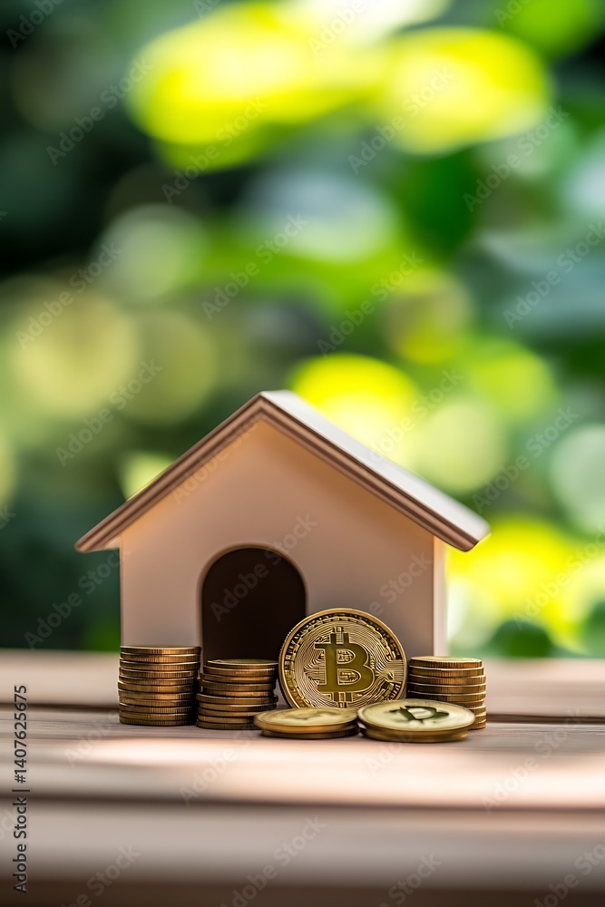 Aufkleber Close-up view of a small house model with Bitcoin coins emphasizing investment value : Generative AI