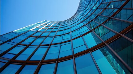 A sleek, modern building with a curved glass facade reflecting the blue sky, showcasing contemporary architectural design, Modern Minimalist Architecture.