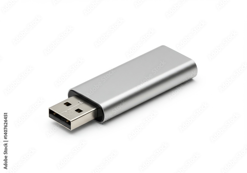 Poster a close up view of a silver usb flash drive on a white background in a studio setting for product sh