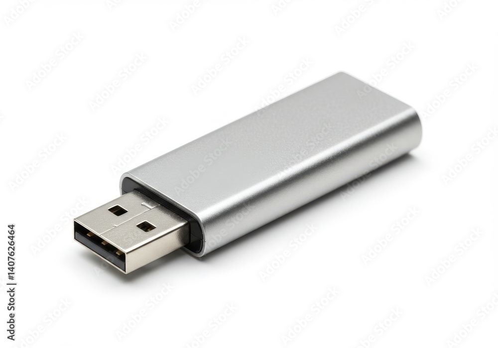 Poster a close up view of a silver usb drive on a white background in a studio setting with soft lighting
