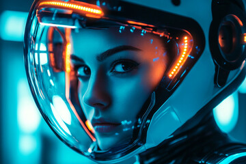 Modern cosmonaut wearing futuristic helmet with neon lighting in sci fi environment, science fiction concept, generative ai