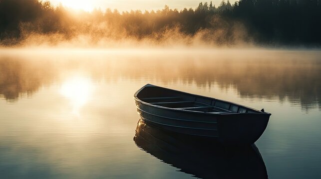 A silhouetted rowing boat docked on a still lake
