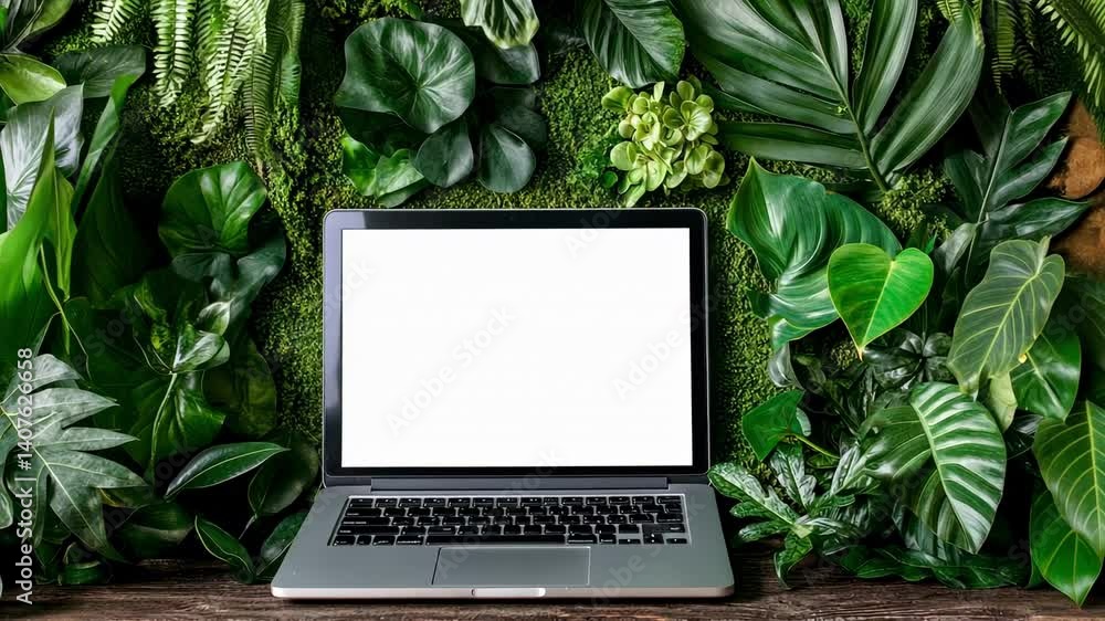 Poster modern laptop computer showing blank white screen display placed on wooden table against green folia