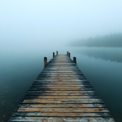 Obraz premium Misty Morning Fog Over Wooden Pier On Lake