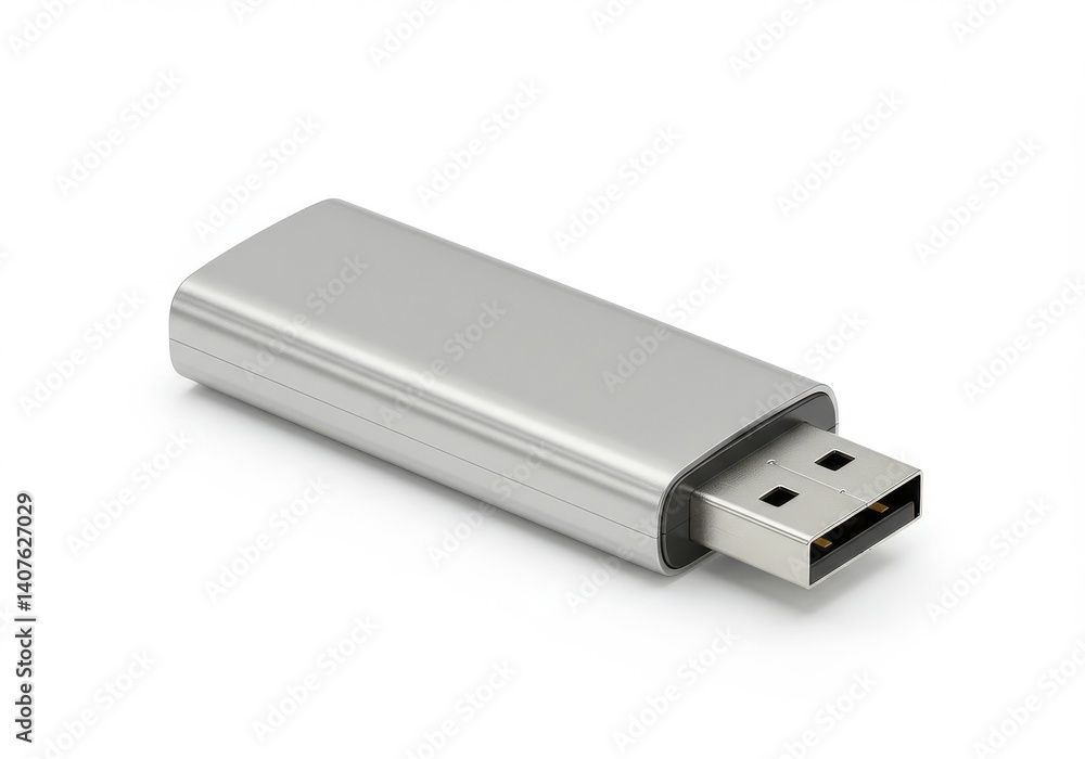Poster a silver usb flash drive with a rectangular shape isolated on a plain white background surface view