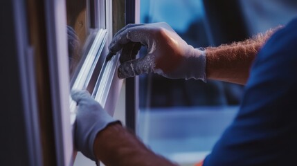 Construction worker sealing the edges of a window frame. Featuring detail and craftsmanship