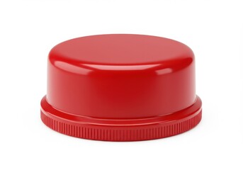 A close up shot of a shiny red plastic cap with ridges isolated on a white background surface