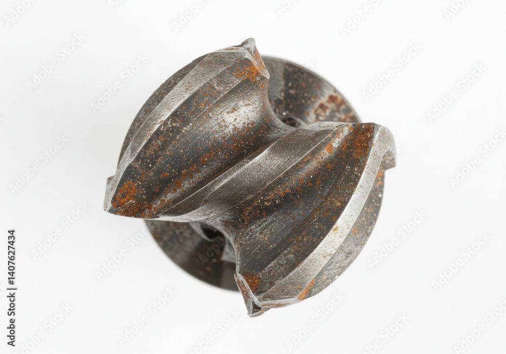 Poster close up of a metal drill bit with spiral grooves and some rust on a white background surface view