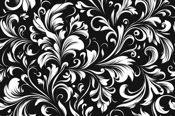 Black and White Floral Pattern, Swirls and Foliage, Elegant Damask Style Design