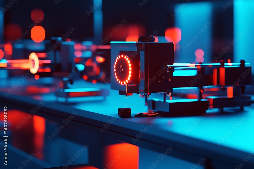 Poster advanced optical equipment capturing light in a studio setup with vibrant blue and red hues : genera