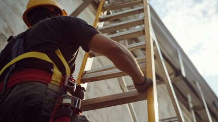 Construction worker securing a ladder to a building. Featuring safety and care