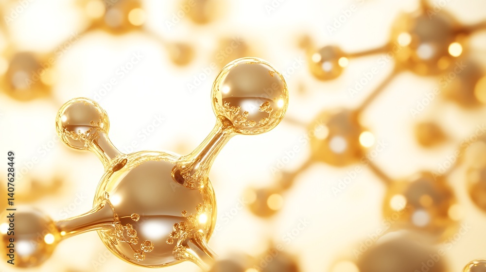 Poster Elegant golden atomic molecule in focus revealing intricate design and vivid bright background : Generative AI