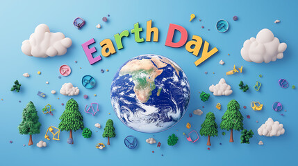 Naklejka premium Earth day celebration concept with globe trees and clouds illustration