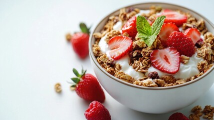 A beautifully plated dessert topped with fresh fruits and granola, showcasing an elegant presentation.