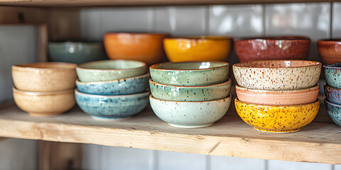 Colorful handmade ceramic bowls stacked on rustic wooden shelf in cozy kitchen