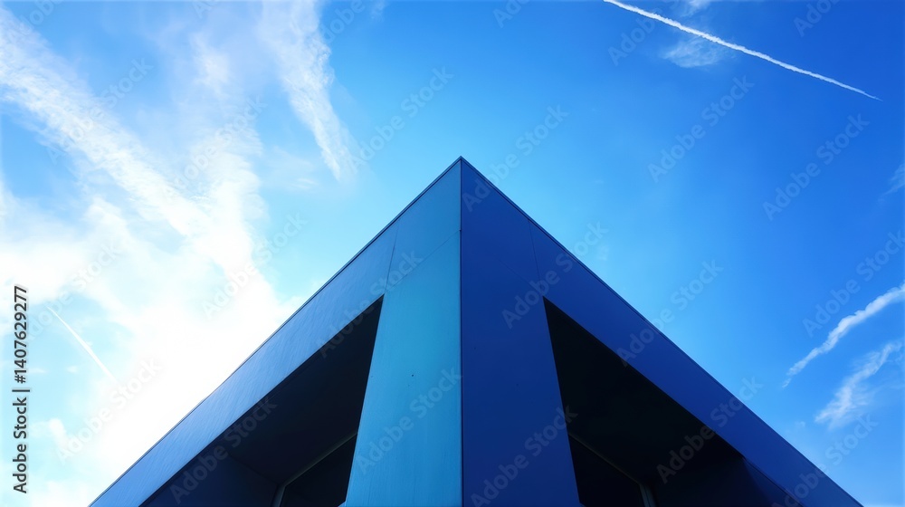 Poster a striking view of a blue architectural structure against a clear sky, emphasizing sharp angles and 