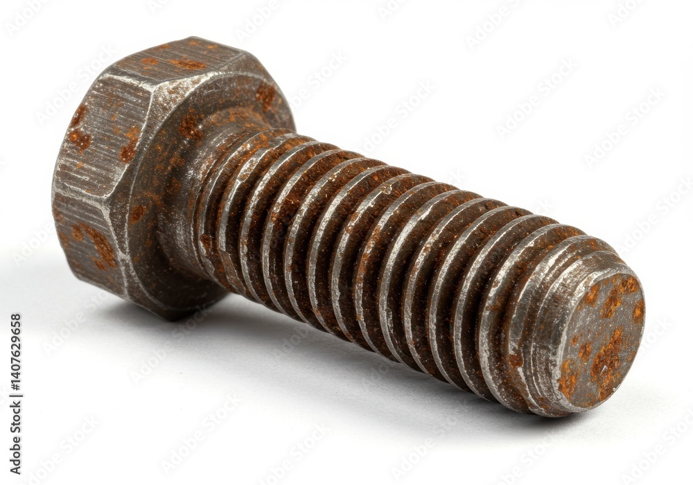 Poster close up of a rusty metal bolt with visible threads and a hexagonal head on a white background