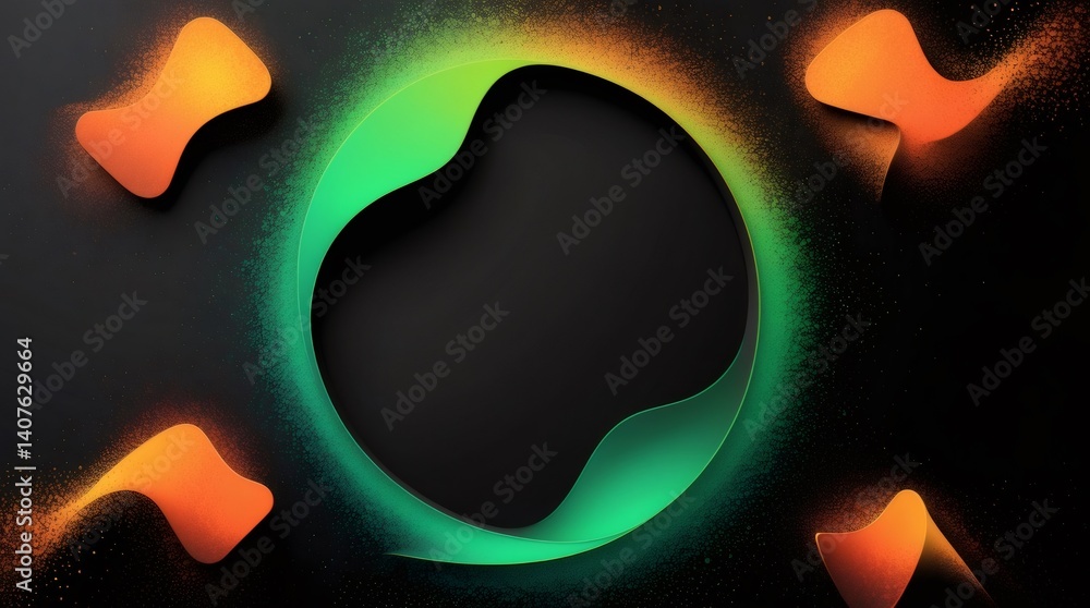 Poster abstract composition featuring green and orange shapes framing a black circular space, creating a dy