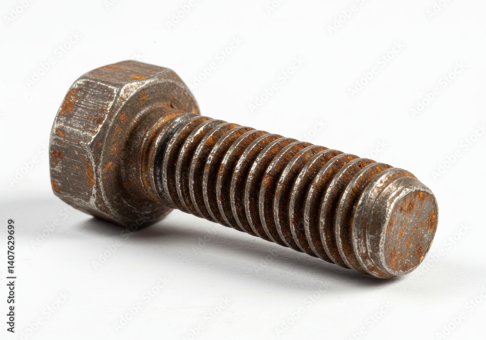 Poster a close up of a rusty bolt with visible threads against a plain white background in studio light