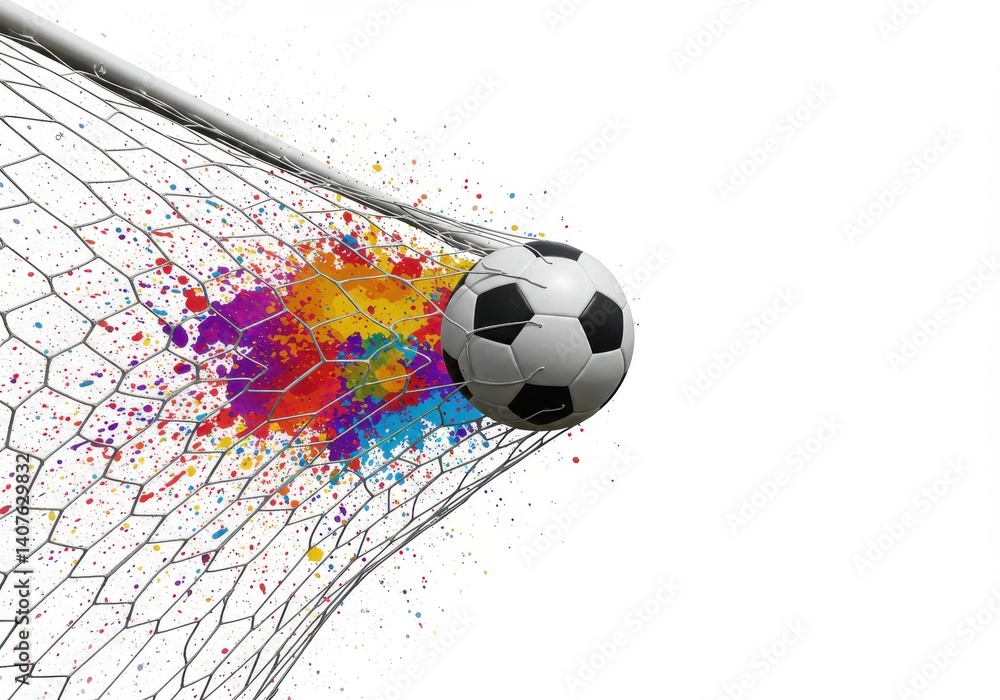 Aufkleber a soccer ball hitting a net with colorful splash effect on a white background in a graphic design