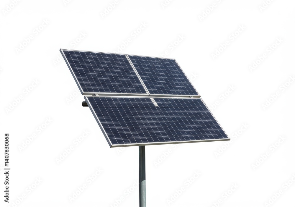 Poster a solar panel array mounted on a pole against a stark white background in a clear shot
