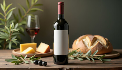 Naklejka premium Wine bottle label mockup. Wine bottle with blank label next to cheese, bread and olive branches on rustic table for winery branding or food pairing promotions