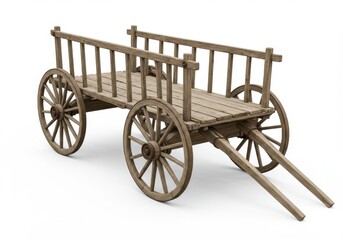 Fototapeta premium A wooden cart with four wheels and a handle is displayed on a white background in a studio shot