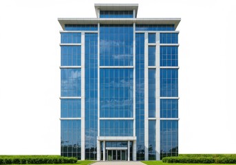 Obraz premium A symmetrical view of a modern glass building with a white background and green bushes below it