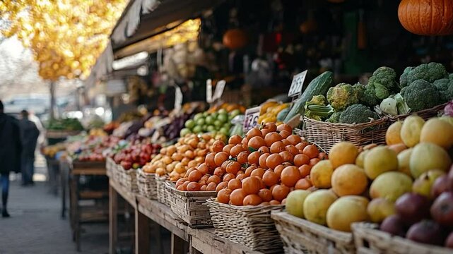 Outdoor fruit market stall, autumn, people browsing.  Possible use stock photo
